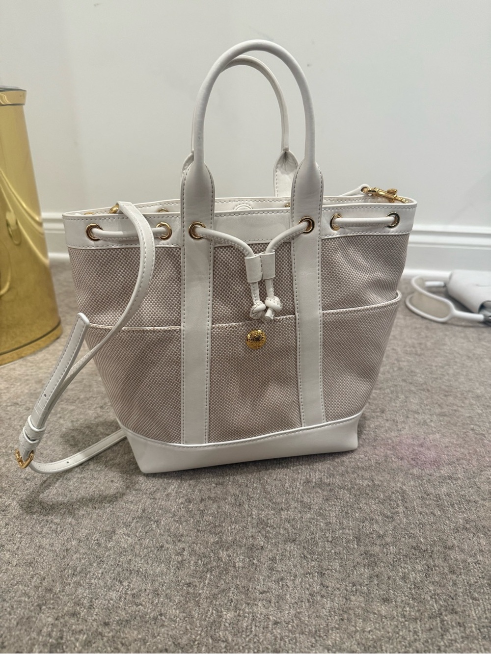 Veronica Beard White and Beige Mini Tote with Gold Detail